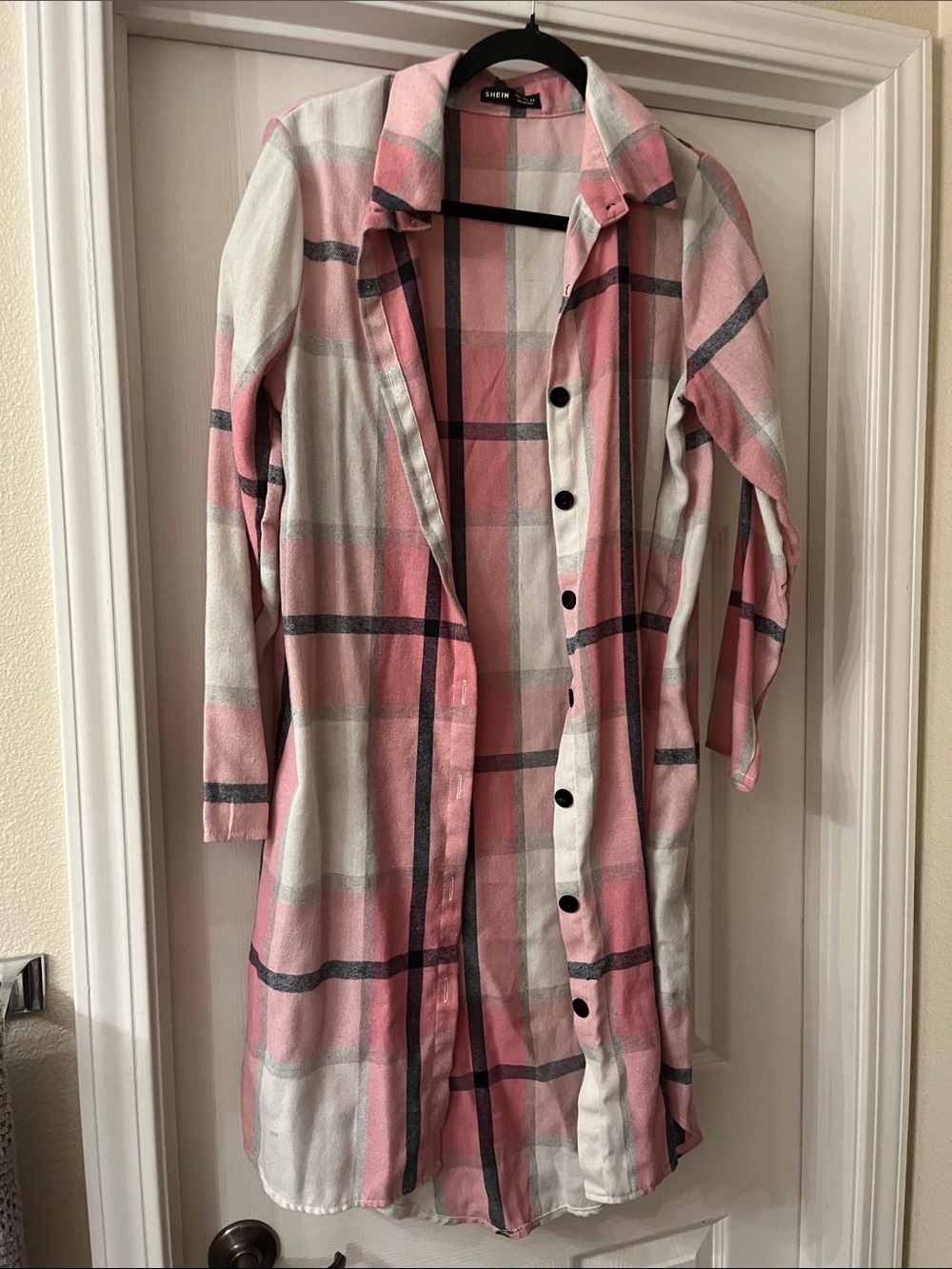 SHEIN Pink and White Plaid Button-Up Shirt